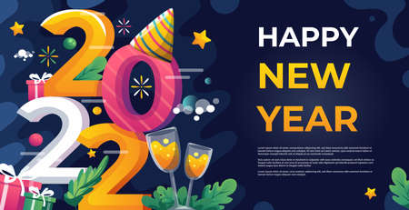 Happy New 2022 Year. big numbers 2022 with new year hat, party cocktail drink glass, star, gift...