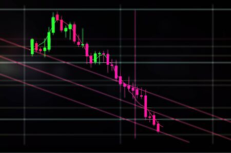 Candlestick chart of falling stock price or currency. Investments in companies and cryptocurrencies. The chart is falling down, the crisis. Downtrendの写真素材