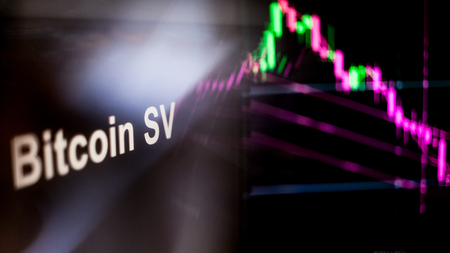 Bitcoin SV Cryptocurrency token. crisis and the collapse of prices, the red graph down. The behavior of the cryptocurrency exchanges, concept. Modern financial technologies.の写真素材