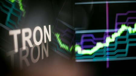 TRON Cryptocurrency token. Rise in price and Growth of quotations, the green graph up. The behavior of the cryptocurrency exchanges, concept. Modern financial technologies.の写真素材