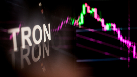 TRON Cryptocurrency token. crisis and the collapse of prices, the red graph down. The behavior of the cryptocurrency exchanges, concept. Modern financial technologies.の写真素材
