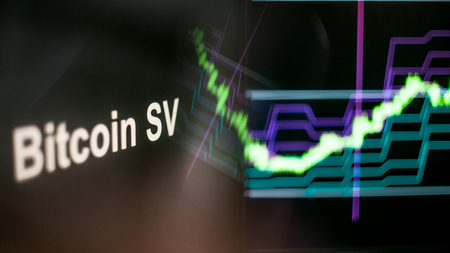 Bitcoin SV Cryptocurrency token. Rise in price and Growth of quotations, the green graph up. The behavior of the cryptocurrency exchanges, concept. Modern financial technologies.の写真素材