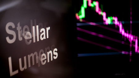 Stellar Lumens Cryptocurrency token. crisis and the collapse of prices, the red graph down. The behavior of the cryptocurrency exchanges, concept. Modern financial technologies.の写真素材