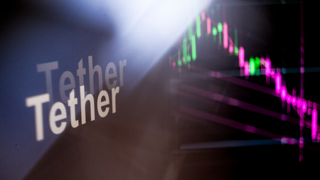 Tether Cryptocurrency token. crisis and the collapse of prices, the red graph down. The behavior of the cryptocurrency exchanges, concept. Modern financial technologies.の写真素材