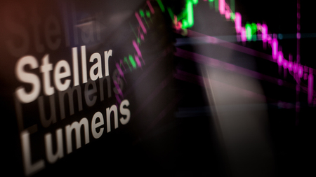 Stellar Lumens Cryptocurrency token. crisis and the collapse of prices, the red graph down. The behavior of the cryptocurrency exchanges, concept. Modern financial technologies.の写真素材