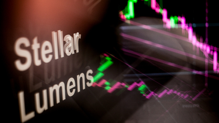Stellar Lumens Cryptocurrency token. crisis and the collapse of prices, the red graph down. The behavior of the cryptocurrency exchanges, concept. Modern financial technologies.の写真素材