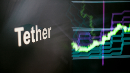 Tether Cryptocurrency token. Rise in price and Growth of quotations, the green graph up. The behavior of the cryptocurrency exchanges, concept. Modern financial technologies.の写真素材