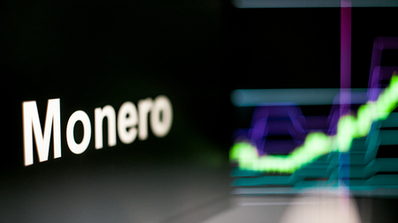 Monero Cryptocurrency token. Rise in price and Growth of quotations, the green graph up. The behavior of the cryptocurrency exchanges, concept. Modern financial technologies.の写真素材