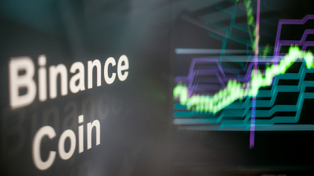 Binance coin Cryptocurrency token. Rise in price and Growth of quotations, the green graph up. The behavior of the cryptocurrency exchanges, concept. Modern financial technologies.の写真素材