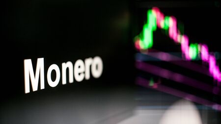 Monero Cryptocurrency token. crisis and the collapse of prices, the red graph down. The behavior of the cryptocurrency exchanges, concept. Modern financial technologies.の写真素材