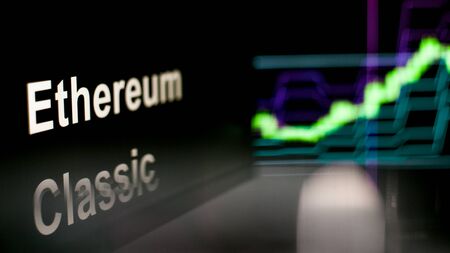 Cryptocurrency token. Rise in price and Growth of quotations, the green graph up. The behavior of the cryptocurrency exchanges, concept. Modern financial technologies.の写真素材