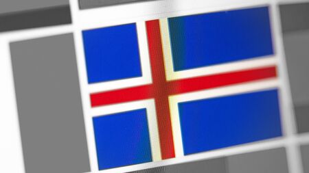 Iceland national flag of country. Iceland flag on the display, a digital moire effect. News of geography and geopoliticsの写真素材