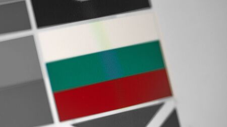 Bulgaria national flag of country. Bulgaria flag on the display, a digital moire effect. News of geography and geopoliticsの写真素材
