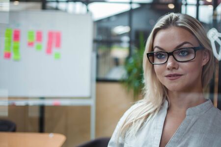 Young confident business woman in glasses on the background of the workspace. Bright, modern office,...