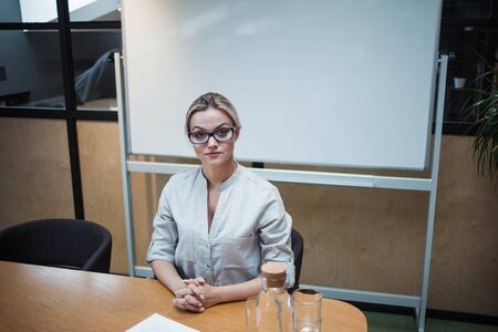 head of the meeting. A young business woman in glasses sits at a table against the background of a magnetic presentation Boardの写真素材