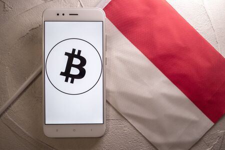 Cryptocurrency and government regulation, concept. Modern economy, smartphone with bitcoin sign on the screen on the background of the flag of Monaco,の写真素材
