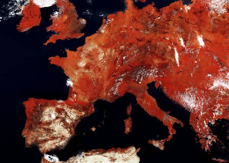 Satellite map of Europe with a warning red tones. Border closures, quarantine in case of a virus pandemic. contains modified Copernicus Sentinel dataの写真素材