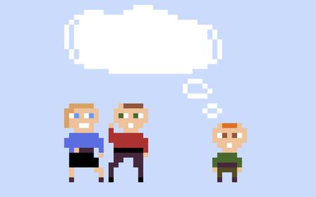 The child and parents, the pixel pattern with the bubbles to ideas and text