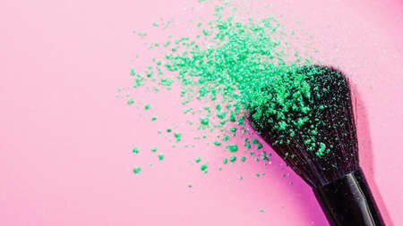 Makeup artist brush and bright eye shadow, cosmetics and makeup, bright backgroundの写真素材