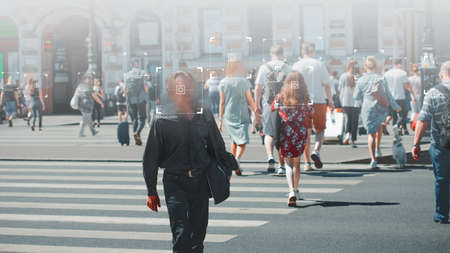Face recognition and personal identification technologies in street surveillance cameras, law enforcement control. crowd of passers-by with graphic elements. Privacy and personal data protection,の写真素材