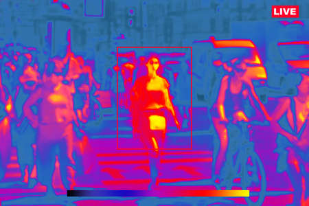 Indication of high temperature in a crowdの写真素材