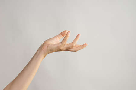 Hand gestures, Elegant female hand, pointing to the side. palm holds something, a blank for the...