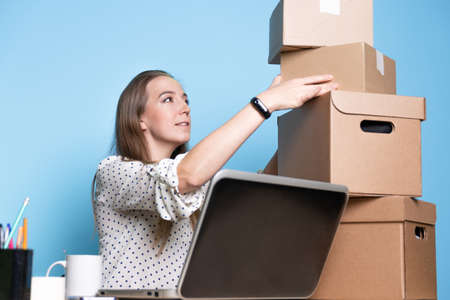 Small business, young female entrepreneur working at a Desk, using a laptop for work, managing an...