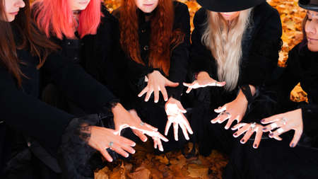 Coven of witches, modern witches gathered and do a ritual in the Park.の写真素材