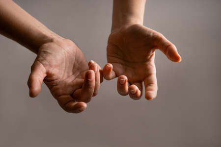 Elegant female hand, pointing to the side. palm holds something, a blank for the design. Hand gesturesの写真素材