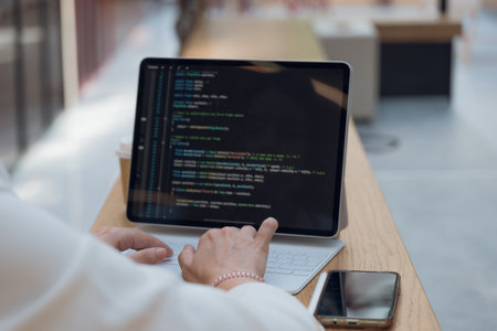 A freelance programmer works remotely, a young woman sits at a table in a coworking or business center and works at a laptop, computer screen and hands on the keyboard close-upの写真素材
