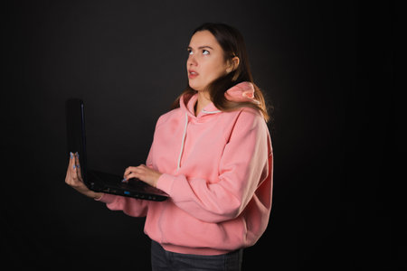 A student or a freelancer with a laptop in her hands. A young charming woman in a pink hoodie works remotely and is annoyed. Brunette holds an open laptop, photo on blackの写真素材