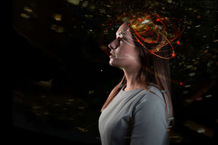 Creative brain work, active consciousness, the concept of creative problem solving, cognitive sciences. A young woman in profile, a sketch of spinning thoughts in her headの写真素材