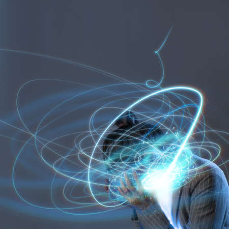 Stress and high tension at work. professional burnout. portrait on a gray background with visual effectsの写真素材
