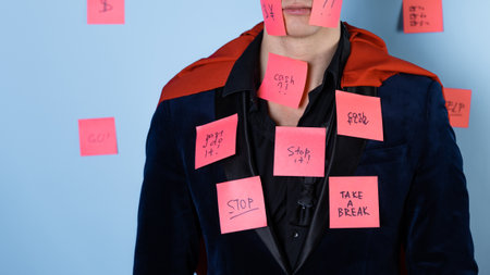 Even superheroes experience professional burnout. A man in the image of a hero in a business suit and a red cape. Tired of the continuous flow of tasks.の写真素材