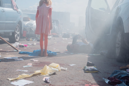 SAINT PETERSBURG, RUSSIA - AUGUST 8, 2020: set of a horror movie about zombies and a deadly pandemic, mannequins and destruction on a city roadのeditorial素材