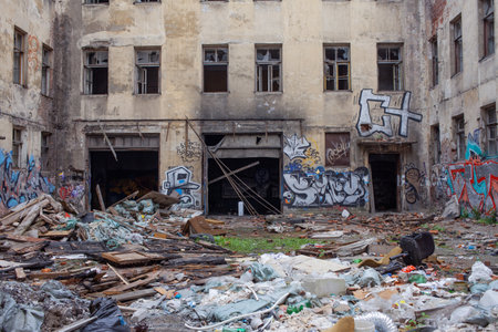 SAINT PETERSBURG, RUSSIA - June, 2019: The ruins of a burned or bombed city buildingのeditorial素材