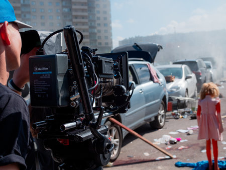 SAINT PETERSBURG, RUSSIA - AUGUST 8, 2020: set of a horror movie about zombies and a deadly pandemic, mannequins and destruction on a city roadのeditorial素材