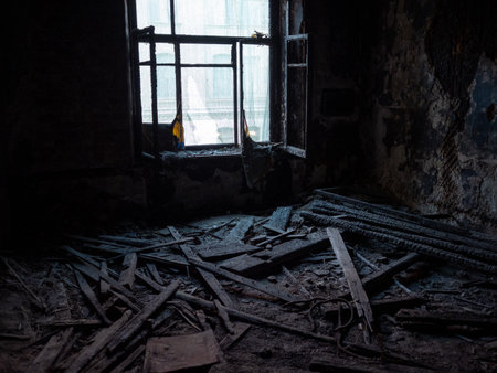 SAINT PETERSBURG, RUSSIA - June, 2019: The ruins of a burned or bombed city buildingのeditorial素材