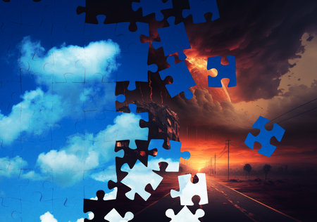 Create peace and prosperity instead of wars and cataclysms, concept. A clear sky of puzzles on top of an apocalyptic landscape. mixed mediaの写真素材