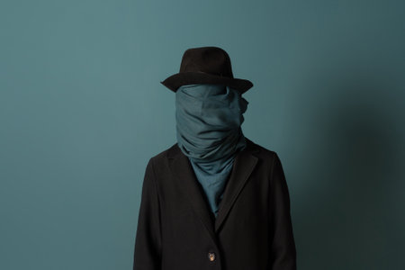 Nobody, the concept of the identity crisis. An impersonal person. The character is wearing a coat and hat, a scarf is wound all over the face. Turquoise backgroundの写真素材