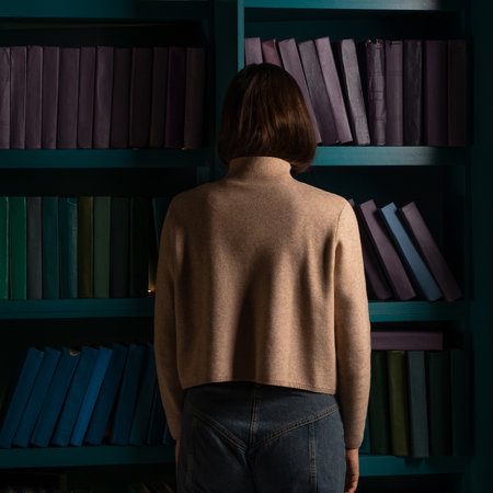 Depression and chronic fatigue. Cognitive overload from an overabundance of news and information noise, concept. An apathetic woman stands with her face buried in bookshelves.の写真素材
