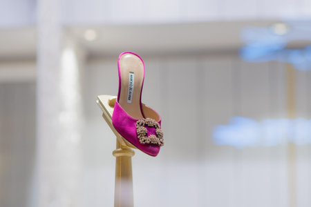 MOSCOW, RUSSIA - AUGUST 7, 2019: Manolo blahnik, boutique of fashionable shoes, showcase