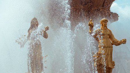 MOSCOW, RUSSIA - AUGUST 7, 2019: Fountain of Friendship of Peoples in VDNH, the sculptures symbolize the republics of the Soviet Unionのeditorial素材