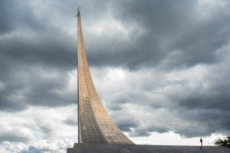 MOSCOW, RUSSIA - AUGUST 7, 2019: monument of 1964, conquerors of space. rocket taking off into the skyのeditorial素材