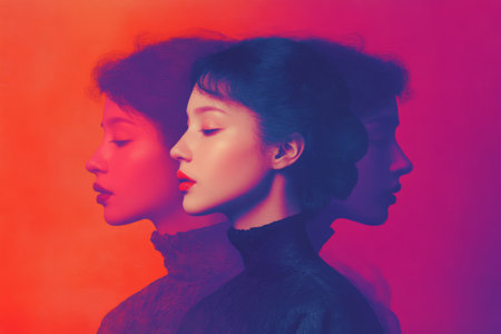 a versatile personality, a concept. A vivid portrait with the style of color decomposition, the profile of a young woman in magenta tonesの素材