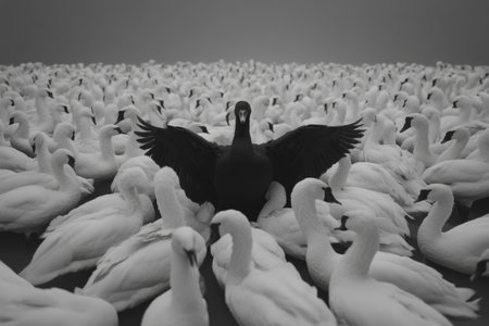 This striking black and white image captures a solitary black swans amidst a sea of white swans, symbolizing uniqueness and the unexpected in a world of conformity.の素材