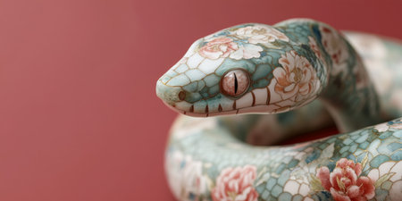 A close-up shot of an jade snake with a white and blue floral pattern in the style of Chinese painting, delicately printed across its surface. The background is soft pinkの素材