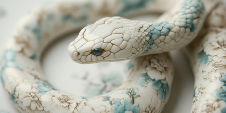 Year of the Snake, Chinese New Year, beautiful jade snake statuette decorated with paintings in the style of Chinese folk pattern, floral painting.の素材