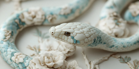 A close-up shot of an jade snake with a white and blue floral pattern in the style of Chinese painting, delicately printed across its surface. The background is softの素材