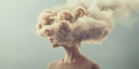 A surreal image of a woman with her face obscured by a fluffy cloud against a soft pastel background. The contrast between solid and ethereal emphasizes the dream-like concept.の素材